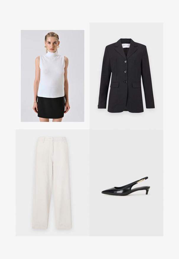 Zwarte blazer van geweven stof met een getailleerde pasvorm, enkelvoudig knoopsluiting, notch-lapel en drie knopen aan de voorkant. Voorzien van twee zakken aan de voorkant.; Blonde vrouw in een witte mouwloze coltrui, zwarte rok met zijrits en grote gouden ringoorbellen, staand tegen een effen achtergrond.; Beige katoenen broeken met een rechte pijp, voorzien van een knoopsluiting, voorzakken en een nette afwerking aan de zoom.; Zwarte leren slingback hakken met een spitse neus, voorzien van een slanke hak en een goudkleurige accent op de verstelbare band. Gladde textuur.