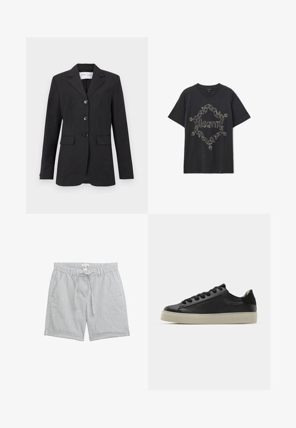 Czarny żakiet wykonany z teksturowanej tkaniny, z dopasowanym krojem, jednorzędowym zapięciem, klapami w kształcie notcha oraz trzema guzikami z przodu. Posiada dwie kieszenie z przodu.; Czarna koszulka z krótkim rękawem z wzorem łańcucha i liści, tworzącym kształt diamentu wokół wypukłej nazwy marki "AllSaints" na przodzie.; Lekkie bawełniane szorty w pionowe niebiesko-białe paski. Posiadają elastyczny pas ze sznurkiem i kieszenie boczne. Szczegóły wykończone na styk.; Czarne skórzane sneakersy z okrągłym noskiem, sznurowanym przodem i grubą kremową gumową podeszwą. Posiadają wytłoczone logo marki z boku.