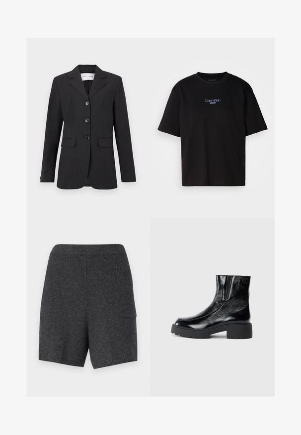 Čierny blazer vyrobený z textúrovanej látky s prispôsobeným strihom, jednoradovým dizajnom, klopovými chlopňami a tromi prednými gombíkmi. Obsahuje dve predné vrecká.; Čierne bavlnené tričko s okrúhlym výstrihom, krátkymi rukávmi a modrým vyšívaným logom "Calvin Klein JEANS" na prednej strane.; pure cashmere Šortky - graphite; Čierne kotníkové topánky s lesklým patentným koženým povrchom, masívnou čiernou gumovou podrážkou a vyvýšeným podpätkom; na boku obsahujú jemný detail loga.