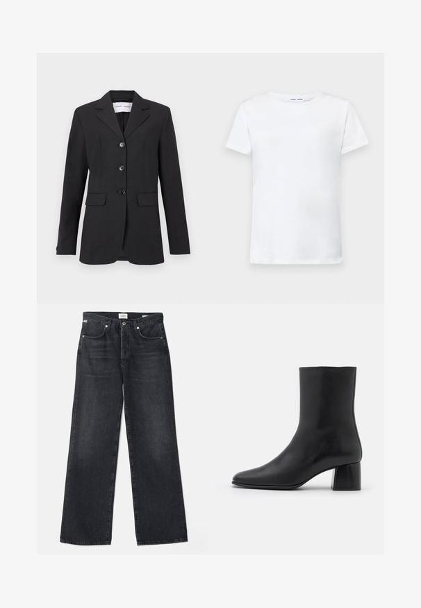 Crni blejzer od teksturirane tkanine s prilagođenim krojem, jednosmjernim dizajnom, izrezanim reverima i s tri prednja dugmeta. Sadrži dva prednja džepa.; Bijela kratka majica s kratkim rukavima od pamuka s dizajnom okruglog izreza. Glatka tekstura i ravni kroj, bez uzoraka ili naglaska.; Crne široke traperice s klasičnim dizajnom od pet džepova, izrađene od traper tkanine. Imaju kopčanje na dugme i suptilno izbljeđivanje.; Crne kožne gležnjače s šiljastim vrhom i širokim kvadratnim potpeticom. Glatka tekstura s bešavnim dizajnom i minimalističkim šavovima.