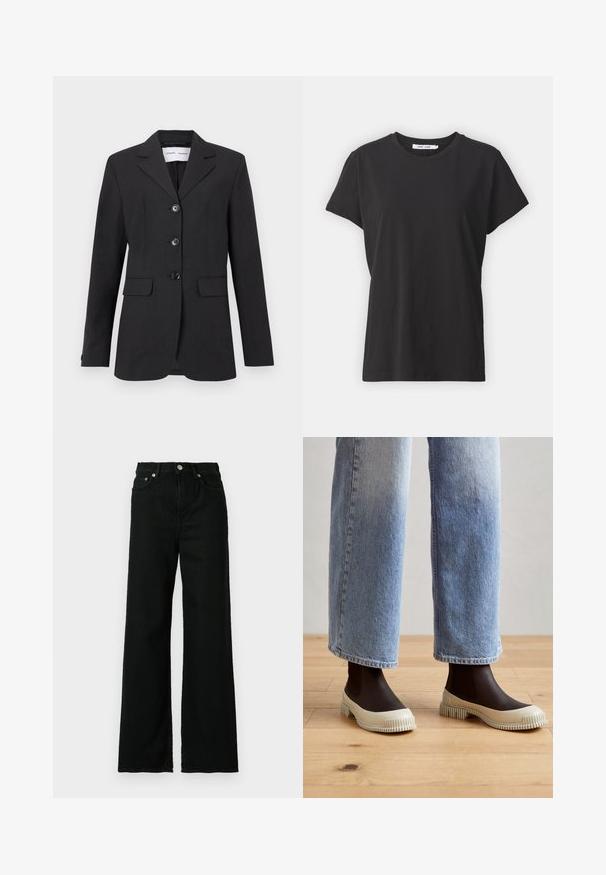 Blazer nero in tessuto testurizzato con vestibilità su misura, design monopetto, rever a fazzoletto e tre bottoni frontali. Presenta due tasche anteriori.; T-shirt in cotone nero con un classico collo a giro, maniche corte e vestibilità rilassata. Texture liscia, senza patterns o dettagli visibili.; Jeans in denim nero con vita alta, taglio ampio, dotati di chiusura frontale con bottone e zip, e classico design a cinque tasche.; Stivali alla caviglia in gomma marrone con suola cremosa texturizzata, abbinati a jeans a gamba larga di un leggero azzurro. La texture è liscia con un design rigato.