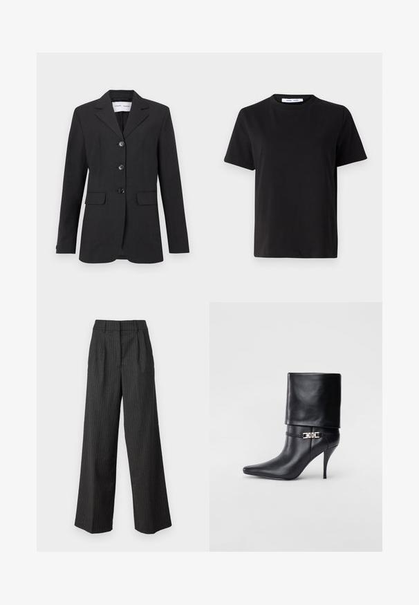 Svart blazer laget av teksturert stoff med en skreddersydd passform, enkeltradsdesign, klaffeslag og tre frontknapper. Har to frontlommer.; Svart kortermet t-skjorte laget av myk bomull, med rund hals, avslappet passform og en jevn tekstur. Ingen synlige mønstre eller grafikk.; Høyt liv, vide bukser i mørkegrå med tynne vertikale striper. Har en skreddersydd stil og myk tekstur. Folder foran.; Sorte lærstøvlett med spiss tå, høy stiletthel, omslagskant og en dekorativ gullspenne rundt ankelen.