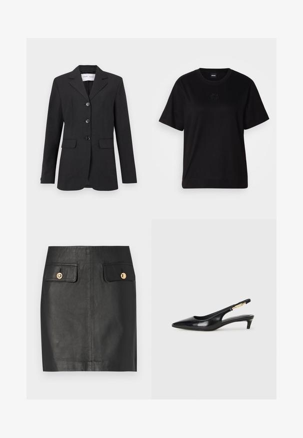 Blazer nero in tessuto testurizzato con vestibilità su misura, design monopetto, rever a fazzoletto e tre bottoni frontali. Presenta due tasche anteriori.; Maglietta in cotone nera con scollatura tonda, maniche corte e logo ricamato sul petto. Design semplice e vestibilità rilassata senza motivi.; Mini gonna in pelle nera con due tasche frontali dotate di bottoni dorati, texture liscia e design a taglio dritto.; Tacchi slingback in pelle nera con punta affusolata, caratterizzati da un tacco alto e un accento dorato sulla cinghia regolabile. Texture liscia.