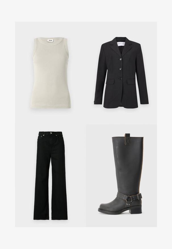 Black blazer made of textured fabric with a tailored fit, single-breasted design, notch lapels, and three front buttons. Features two front pockets.; Light grey sleeveless tank top made from ribbed fabric, featuring a round neckline and a fitted design. No visible patterns or embellishments.; Black denim jeans with a high waist, wide-leg cut, featuring a front button and zip closure, and classic five-pocket design.; Black leather knee-high boot with a textured finish, featuring a side buckle accent and a low heel. Detailed stitching along the seams.