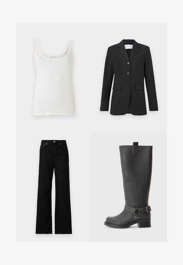 Blazer nero in tessuto testurizzato con vestibilità su misura, design monopetto, rever a fazzoletto e tre bottoni frontali. Presenta due tasche anteriori.; Top in cotone bianco senza maniche con spalline sottili, caratterizzato da un collo a barchetta e una texture leggermente trasparente. L'orlo è diritto senza ulteriori rifiniture.; Jeans in denim nero con vita alta, taglio ampio, dotati di chiusura frontale con bottone e zip, e classico design a cinque tasche.; Stivale nero in pelle alta fino al ginocchio con finitura texturizzata, caratterizzato da un'accento a fibbia laterale e un tacco basso. Cuciture dettagliate lungo le cuciture.