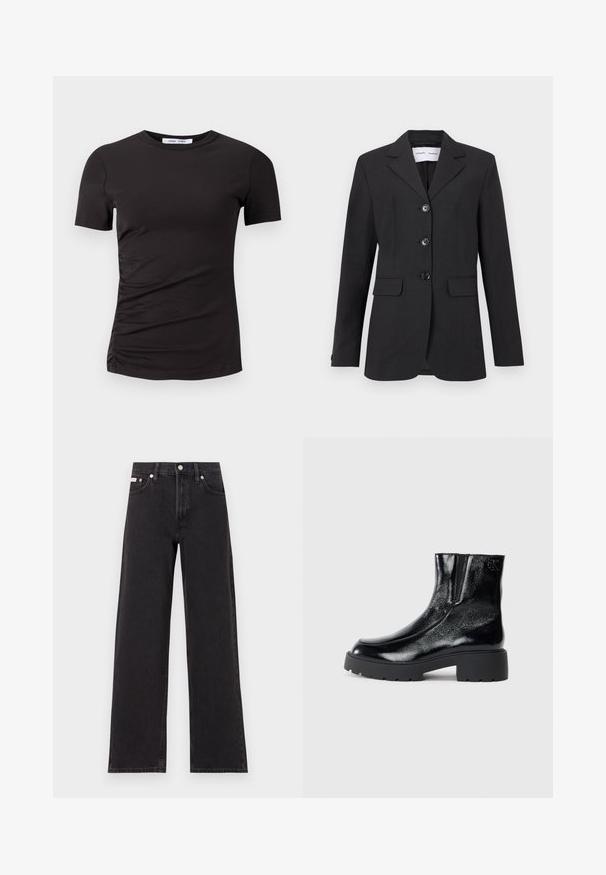 Sacou negru, realizat dintr-un material texturat, cu o croială ajustată, design cu un singur rand de nasturi, rever în formă de zimți și trei nasturi frontali. Dispune de două buzunare frontale.; T-shirt negru din bumbac cu mânecă scurtă, realizat dintr-un material moale, având un gât rotund și detalii plisate pe partea stângă pentru o textură subtilă.; Jeanși negri cu picioare largi, fabricați din denim, cu talie înaltă, stil cu cinci buzunare și închidere cu nasture metalic, cu cusături contrastante.; Botine negre până la gleznă, cu un finisaj de piele lacuită strălucitoare, talpă de cauciuc neagră masivă și toc înălțat; include detalii subtile cu logo pe lateral.