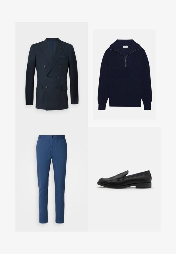 Kaksirivinen tummansininen bleiseri, joka on valmistettu teksturoidusta kankaasta. Siinä on kuusi mustaa nappia, kaksi etutaskua ja rintatasku, jossa on silkkinen taskuliina.; Merseyblu flettefleece med halv glidelås i kragen, med ribbestruktur og et V-formet design på forsiden. Lange ermer og tettsittende hem.; Meriharmaat puuvillaiset chinot slim fit -mallissa; varustettu tavallisella vyötäröllä, etutaskuilla ja yhdellä napilla. Sujuva pinta.; Mustat nahkaloafersit, joissa on sileä pinta, pyöreä kärki ja pieni koristeellinen läppä. Varustettu matalalla pinotulla korolla ja huomaamattomalla brändityksellä.