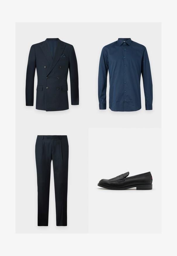 Dubbelzijdige marineblauwe blazer van textuurstof, voorzien van zes zwarte knopen, twee voorzakken en een borstzak met een zijden pochet.; Marineblauwe langarm overhemd met knopen, gemaakt van een gladde stof. Heeft een klassieke kraag, een voorflap met bijpassende knopen en manchetten met knopen.; Zwarte geklede broek van gladde stof, met een slim fit ontwerp, twee plooien aan de voorkant en een vlakke tailleband zonder zichtbare beslag.; Zwarte leren instappers met een gladde afwerking, ronde neus en een kleine decoratieve flap. Heeft een lage gestapelde hak en een subtiel merkteken.