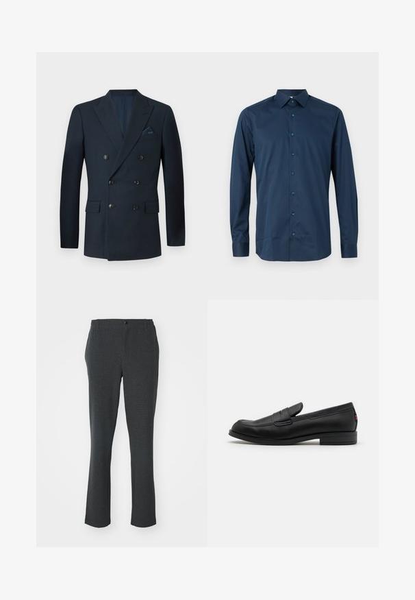 Dubbelzijdige marineblauwe blazer van textuurstof, voorzien van zes zwarte knopen, twee voorzakken en een borstzak met een zijden pochet.; Marineblauwe langarm overhemd met knopen, gemaakt van een gladde stof. Heeft een klassieke kraag, een voorflap met bijpassende knopen en manchetten met knopen.; Donkergrijze broek gemaakt van gestructureerde stof; rechte pijp ontwerp met een voorste knoop en discrete zijzakken.; Zwarte leren instappers met een gladde afwerking, ronde neus en een kleine decoratieve flap. Heeft een lage gestapelde hak en een subtiel merkteken.