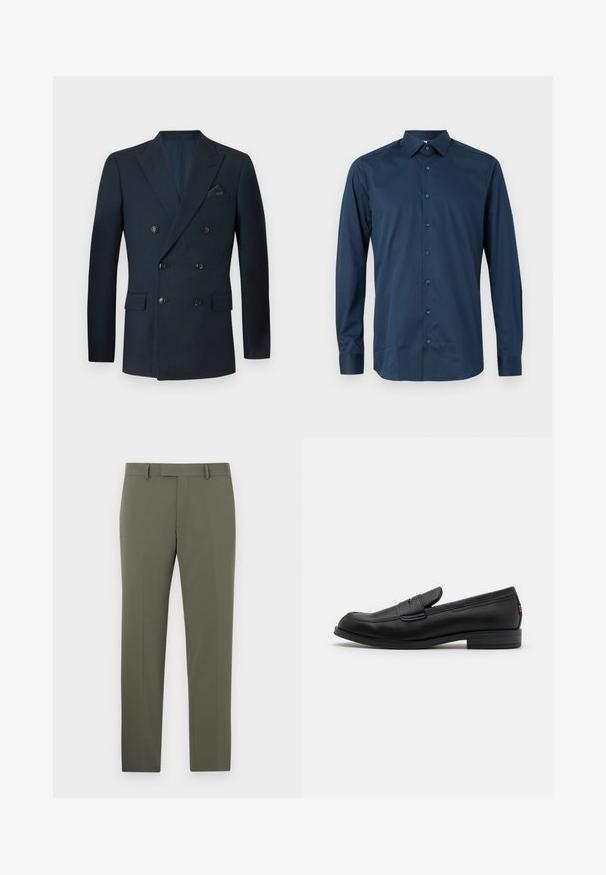 Dvojřadý navy blazer vyrobený z texturované tkaniny, který má šest černých knoflíků, dvě přední kapsy a náprsní kapsu se hedvábným kapesníčkem.; Tmavě modrá košile s dlouhým rukávem a knoflíky vyrobená z hladké tkaniny. Má standardní límeček, přední légou s odpovídajícími knoflíky a manžetami na rukávech.; Slim-fit, olivově zelené kalhoty vyrobené z hladkého materiálu, s plochým předním dílem, poutky na opasek a bočními kapsami. Ušitý design a čisté linie.; Černé kožené mokasíny s hladkým povrchem, kulatou špičkou a malým dekorativním klopou. Mají nízký stočený podpatek a decentní branding.