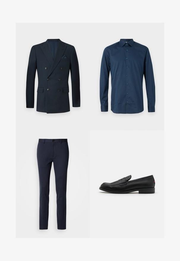 Dvojno zapenjanje mornarsko modre blazer jakne iz teksturirane tkanine, s šestimi črnimi gumbi, dvema sprednjima žepoma in žepom za dresi s svilenim robčkom.; Temno modra srajca z dolgimi rokavi in gumbi, izdelana iz gladkega materiala. Ima klasičen ovratnik, sprednji del z ustreznimi gumbi in manšete na rokavih.; Mornarske hlače iz gladkega raztegljivega materiala. Imajo zadrgo, en gumb za zapiranje in ožje, taperane noge.; Črne usnjene mokasine z gladko površino, zaobljenim nosom in majhnim okrasnim preklopom. Imajo nizek zložen peto in subtilen detajl blagovne znamke.