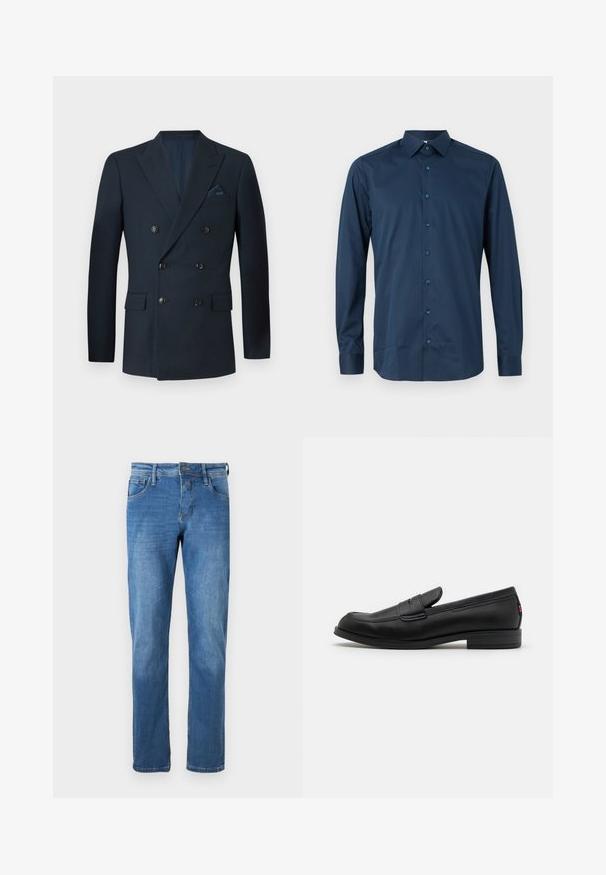 Double-breasted navy blazer made of textured fabric, featuring six black buttons, two front pockets, and a breast pocket with a silk pocket square.; Navy blue long-sleeve button-up shirt made of smooth fabric. Features a standard collar, front placket with matching buttons, and cuffed sleeves.; Denim jeans in medium blue with a straight cut. Features five pockets, a button closure, and visible stitching details along the seams.; Black leather loafers with a smooth finish, rounded toe, and a small decorative flap. Features a low stacked heel and subtle branding detail.