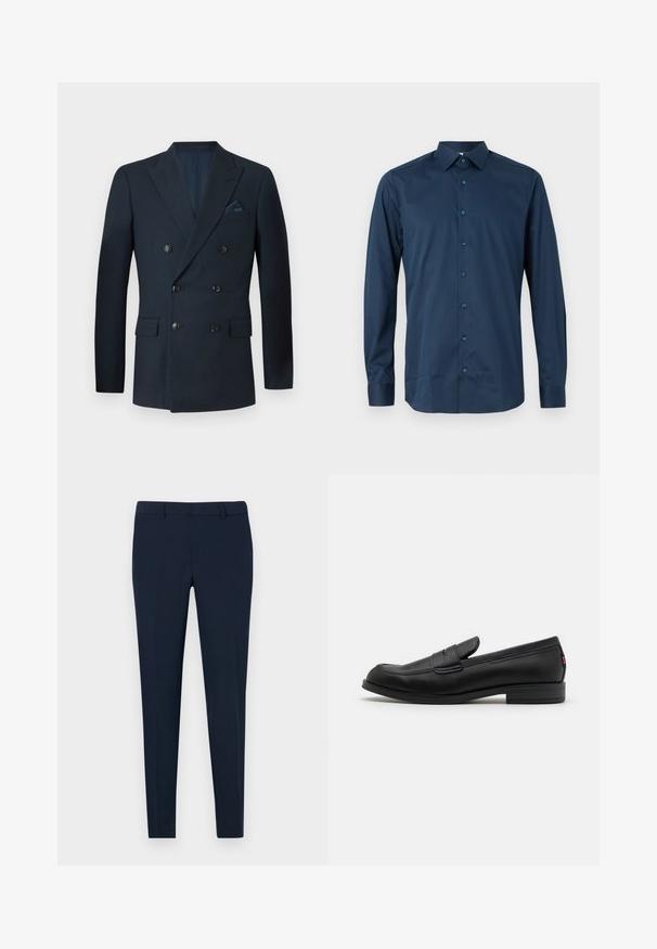 Podwójnie zapięta marynarka w kolorze granatowym, wykonana z teksturowanej tkaniny, z sześcioma czarnymi guzikami, dwiema przednimi kieszeniami oraz kieszonką na piersi z jedwabną chusteczką.; Granatowa, długorękawowa koszula zapinana na guziki z gładkiego materiału. Posiada klasyczny kołnierzyk, zakładkę z przodu z dopasowanymi guzikami oraz mankiety z zapięciem.; Granatowe, dopasowane spodnie o prostym kroju, z płaskim przodem i szlufkami na pasek, wykonane z gładkiego materiału. Brak widocznych wzorów czy ozdób.; Czarne skórzane loafersy o gładkim wykończeniu, zaokrąglonym czubku i małym dekoracyjnym klapku. Posiadają niską, warstwową podeszwę oraz subtelny detal z brandingiem.