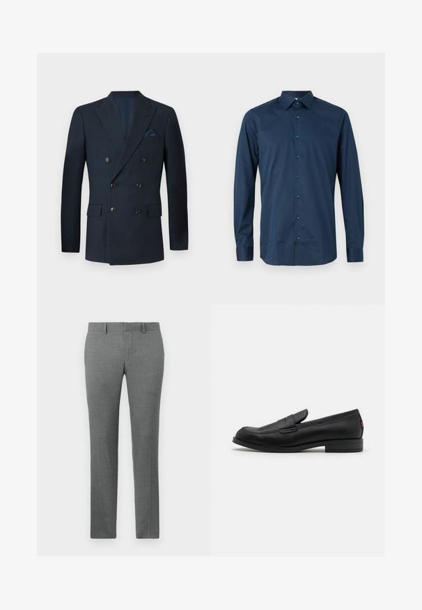 Topeltkavaga tumesinine bleiser, mis on valmistatud tekstureeritud kangast, millel on kuus musta nuppu, kaks eesmist taskut ja rinnaegu tasku siidise taskurätiku jaoks.; Tumesinine pika varrukaga nööpidega särk, mis on valmistatud sileda kangaga. Omab standardset kraed, esistabiilset nööpide rida ja mansettidega varrukaid.; Halli kohandatud püksid siledast materjalist, sirge jala disain, vööaugud ja peen herringbone muster üle kogu pinda.; Mustad mustad nahast loaferid siledast viimistlusest, ümmargune nina ja väike dekoratiivne klapp. Omab madalat kokkupandud kontsa ja diskreetset brändingut.
