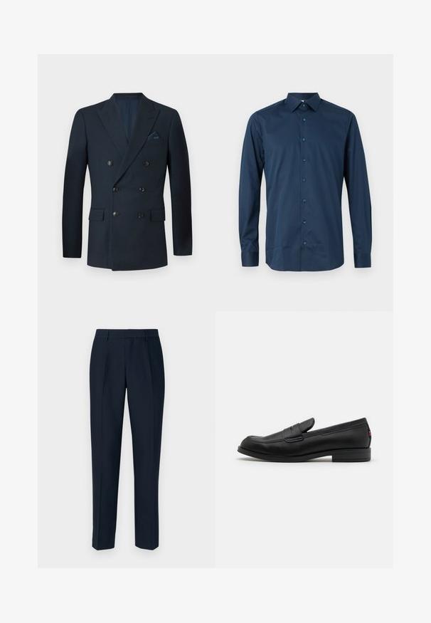 Double-breasted navy blazer made of textured fabric, featuring six black buttons, two front pockets, and a breast pocket with a silk pocket square.; Navy blue long-sleeve button-up shirt made of smooth fabric. Features a standard collar, front placket with matching buttons, and cuffed sleeves.; Navy tailored trousers with a straight cut, featuring pleats in the front, a smooth texture, and standard belt loops.; Black leather loafers with a smooth finish, rounded toe, and a small decorative flap. Features a low stacked heel and subtle branding detail.