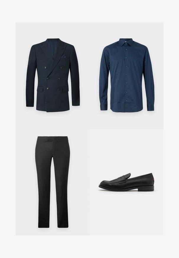 Doppelt geknöpfter marineblauer Blazer aus strukturiertem Stoff, ausgestattet mit sechs schwarzen Knöpfen, zwei Fronttaschen und einer Brusttasche mit einem Seidentaschentuch.; Dunkelblaues Langarm-Hemd mit Knöpfen aus glattem Stoff. Es hat einen klassischen Kragen, eine Vorderleiste mit passenden Knöpfen und geknöpfte Ärmel.; Schwarze gerade geschnittene Hose aus glattem Stoff, mit flachem Vorderteil, ohne sichtbare Taschen und einem sauberen Taillendesign.; Schwarze Lederloafer mit glatter Oberfläche, abgerundetem Zehenbereich und einem kleinen dekorativen Riegel. Ausgestattet mit einem niedrigen, gestapelten Absatz und einem dezenten Markenlogo.