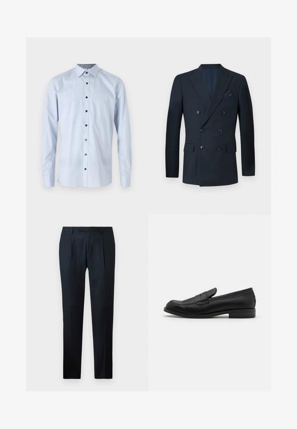 Dvojradový námornícky blejzer vyrobený z textúrovanej tkaniny, s šiestimi čiernymi gombíkmi, dvoma prednými vreckami a náprsné vrecko so hodvábnou vreckovkou.; Svetlo modrá košeľa s dlhým rukávom a golierom na gombíky, čiernymi gombíkmi a vzorovaným vnútorným golierom. Hladká textúra, strih na mieru.; Čierne nohavice s upraveným strihom vyrobené z hladkej tkaniny, s úzkym strihom, dvoma prednými skladmi a plochým pásom bez viditeľného hardvéru.; Čierne kožené loafers s hladkým povrchom, zaoblenou špičkou a malým dekoratívnym klapom. Vlastnosti zahŕňajú nízky vrstvený podpätok a decentný branding.
