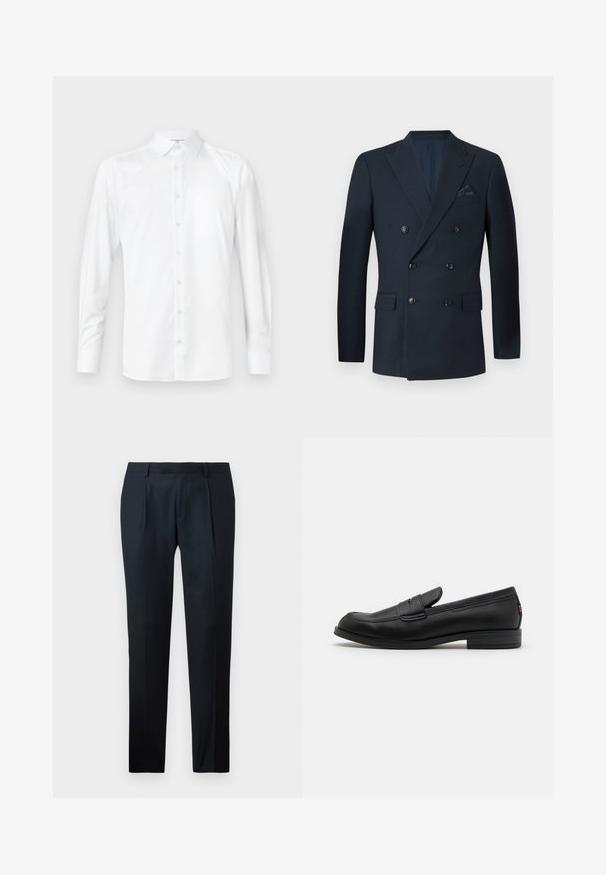 Topeltkavaga tumesinine bleiser, mis on valmistatud tekstureeritud kangast, millel on kuus musta nuppu, kaks eesmist taskut ja rinnaegu tasku siidise taskurätiku jaoks.; Valge pika varrukaga särk, mis on valmistatud siledast kangast, klassikalise krae, nööpidega ees ja nööpidega mansettidega. Lihtne ja puhas disain.; Mustad kohandatud püksid, mis on valmistatud siledast kangast, esitavad kitsast lõiget, kahte esist pleeti ja lamedat vöökohta ilma nähtava riistvarata.; Mustad mustad nahast loaferid siledast viimistlusest, ümmargune nina ja väike dekoratiivne klapp. Omab madalat kokkupandud kontsa ja diskreetset brändingut.