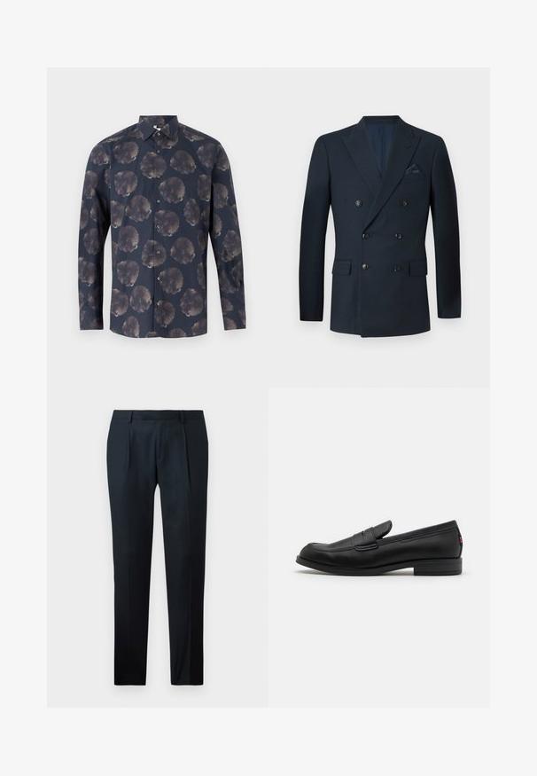 Tamsiai mėlynas dvigubo užsegimo švarkas, pagamintas iš tekstūruoto audinio, su šešiais juodais mygtukais, dviem priekinėmis kišenėmis ir krūtinės kišene su šilko nosinaitę.; Ilga rankovė marškiniai tamsiai mėlynos spalvos su gėlių raštu, kuriame yra dideli, subtilūs gėlės. Mygtukų užsegimas priekyje su klasikinio stiliaus apykakle ir audinio tekstūra.; Juodi pritaikyti kelniai, pagaminti iš lygaus Audinio, su lieknu siluetu, dviem priekiniais klostėmis ir plokščiu liemeniu be matomų detalių.; Juodos odinės loafers' tipo bateliai su lygia apdaila, apvalia nosimi ir maža dekoratyvine kišenėle. Turi žemą sukrauto kulno ir subtilų prekės ženklo detalę.
