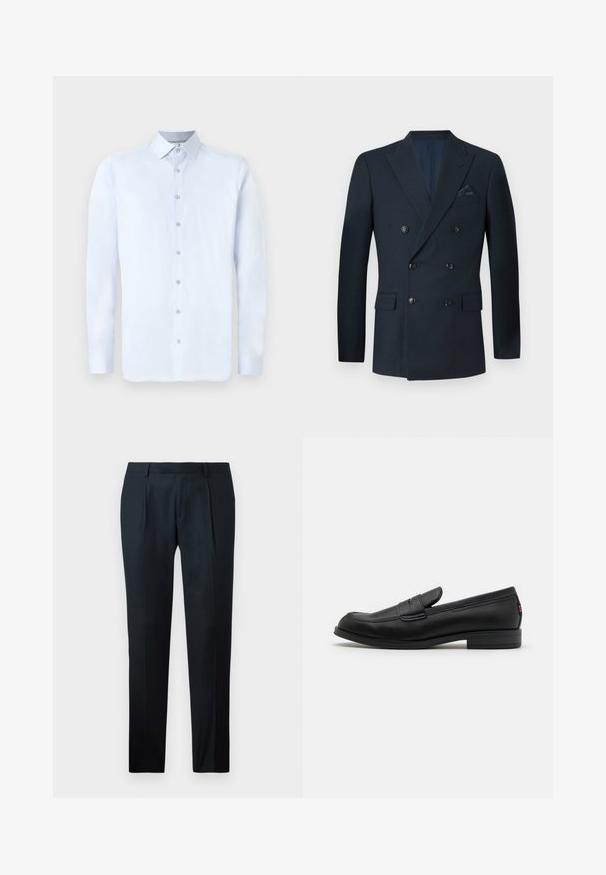 Divkāršā jūras zilā žakete, kas izgatavota no strukturētas auduma, ar sešiem melniem pogām, divām priekšējām kabatām un krūšu kabatu ar zīda kabatas lakatiņu.; Gaiši zils garām piedurknēm krekls ar norādītu apkakli, priekšējo pogu aizdari un gludu tekstūru. Iezīmē sudraba pogu akcenti uz pogu plāksnes.; Melnas uzvalka bikses, kas izgatavotas no gludas auduma, ar pieguļošu dizainu, diviem priekšējiem krokām un plakanu jostasvietu bez redzamām detaļām.; Melnas ādas loafers ar gludu apdari, noapaļotu purngalu un mazu dekoratīvu flap. Ietver zemu kraujošu papēdi un smalku zīmola detalizāciju.