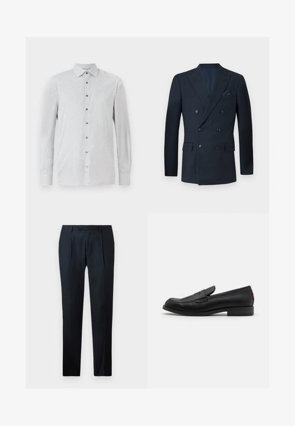 Blazer bleu marine croisé en tissu texturé, doté de six boutons noirs, de deux poches avant et d'une poche poitrine avec un mouchoir en soie.; Chemise blanche à manches longues avec un petit motif géométrique noir, des boutons verts et un col pointu. Coupe régulière avec des poignets boutonnés.; Pantalon noir sur mesure en tissu lisse, présentant un design slim fit, deux plis avant et une taille plate sans matériel visible.; Mocassins en cuir noir avec une finition lisse, un bout arrondi et une petite flèche décorative. Dotés d'un petit talon empilé et d'un détail de marque subtil.