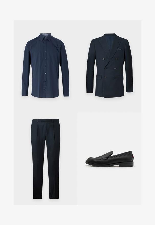 Dobbeltspent marineblå blazer laget av teksturert stoff, med seks svarte knapper, to frontlommer og en brystlomme med et silkeslips.; Mørkeblå langermet skjorte med knappestolpe, klassisk krage og mønstret design på innsiden av kragen. Smooth tekstur, skreddersydd passform.; Sorte skreddersydde bukser laget av glatt stoff, med en slim fit-design, to frontfolder og en flat midje uten synlig maskinvare.; Sorte lærlofter med en glat overflade, rund tå og en lille dekorativ flap. Har en lav stablet hæl og diskret brandingdetalje.