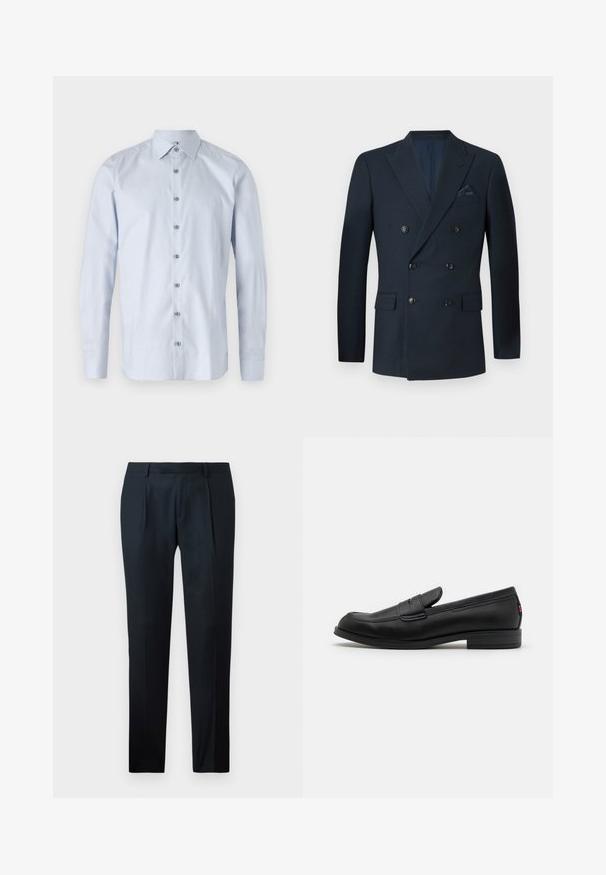 Blazer doppiopetto blu navy realizzato in tessuto testurizzato, con sei bottoni neri, due tasche frontali e una tasca sul petto con un fazzoletto in seta.; Camicia button-up azzurra con colletto strutturato, maniche lunghe e un motivo testurizzato sottile. Presenta bottoni metallici lungo la parte anteriore.; Pantaloni neri su misura realizzati in tessuto liscio, con un design slim fit, due pince frontali e una cintura piatta senza hardware visibile.; Mocassini in pelle nera con finitura liscia, punta arrotondata e una piccola pattina decorativa. Presentano un tacco basso e impilato e un sottile dettaglio di branding.