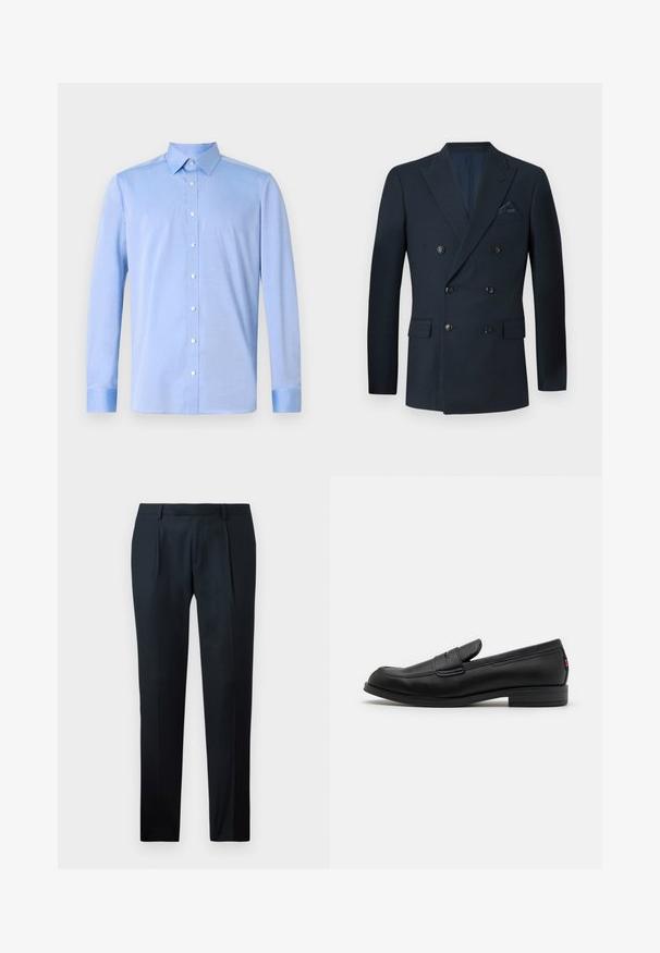 Blazer bleu marine croisé en tissu texturé, doté de six boutons noirs, de deux poches avant et d'une poche poitrine avec un mouchoir en soie.; Chemise bleu clair à manches longues, avec un col classique et des boutons blancs. Le tissu semble lisse avec une légère texture.; Pantalon noir sur mesure en tissu lisse, présentant un design slim fit, deux plis avant et une taille plate sans matériel visible.; Mocassins en cuir noir avec une finition lisse, un bout arrondi et une petite flèche décorative. Dotés d'un petit talon empilé et d'un détail de marque subtil.