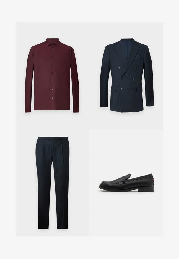 Blazer doppiopetto blu navy realizzato in tessuto testurizzato, con sei bottoni neri, due tasche frontali e una tasca sul petto con un fazzoletto in seta.; Camicetta bordeaux a maniche lunghe in tessuto testurizzato, con colletto e bottoni neri lungo la parte anteriore, dotata di polsini aderenti.; Pantaloni neri su misura realizzati in tessuto liscio, con un design slim fit, due pince frontali e una cintura piatta senza hardware visibile.; Mocassini in pelle nera con finitura liscia, punta arrotondata e una piccola pattina decorativa. Presentano un tacco basso e impilato e un sottile dettaglio di branding.