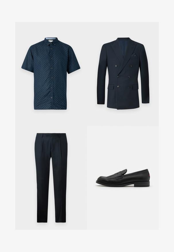 Blazer bleu marine croisé en tissu texturé, doté de six boutons noirs, de deux poches avant et d'une poche poitrine avec un mouchoir en soie.; Chemise à manches courtes de couleur marine avec un petit motif de feuilles blanches, col et boutons foncés. Fabriquée en tissu léger, texture lisse.; Pantalon noir sur mesure en tissu lisse, présentant un design slim fit, deux plis avant et une taille plate sans matériel visible.; Mocassins en cuir noir avec une finition lisse, un bout arrondi et une petite flèche décorative. Dotés d'un petit talon empilé et d'un détail de marque subtil.