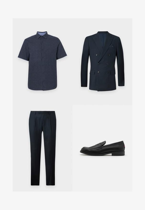 Tamsiai mėlynas dvigubo užsegimo švarkas, pagamintas iš tekstūruoto audinio, su šešiais juodais mygtukais, dviem priekinėmis kišenėmis ir krūtinės kišene su šilko nosinaitę.; Tamsiai mėlynos spalvos trumpomis rankovėmis marškiniai su subtiliu geometriniu raštu, su mygtukų užsegimu ant apykaklės ir kontrastinga šviesiai mėlyna plokšte.; Juodi pritaikyti kelniai, pagaminti iš lygaus Audinio, su lieknu siluetu, dviem priekiniais klostėmis ir plokščiu liemeniu be matomų detalių.; Juodos odinės loafers' tipo bateliai su lygia apdaila, apvalia nosimi ir maža dekoratyvine kišenėle. Turi žemą sukrauto kulno ir subtilų prekės ženklo detalę.