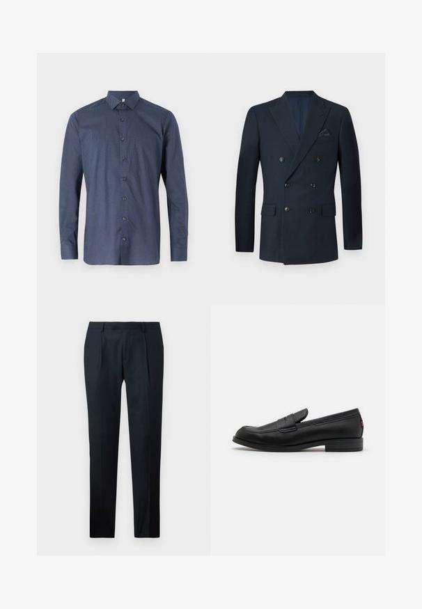 Kaksirivinen tummansininen bleiseri, joka on valmistettu teksturoidusta kankaasta. Siinä on kuusi mustaa nappia, kaksi etutaskua ja rintatasku, jossa on silkkinen taskuliina.; Tummansininen pitkähihainen paita, jossa on hienovarainen geometrinen kuvio, napitus edessä ja tavanomainen kaulus. Valmistettu sileästä kankaasta, jossa on kiiltävä rakenne.; Mustat räätälöidyt housut, jotka on valmistettu sileästä kankaasta, ja joissa on slim fit -muotoilu, kaksi etupleippaa ja litteä vyötärö ilman näkyvää varustusta.; Mustat nahkaloafersit, joissa on sileä pinta, pyöreä kärki ja pieni koristeellinen läppä. Varustettu matalalla pinotulla korolla ja huomaamattomalla brändityksellä.