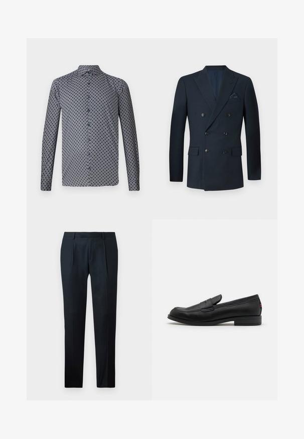 Dvostruko kopčana mornarsko plava sako jakna izrađena od teksturiranog materijala, sadrži šest crnih dugmadi, dva prednja džepa i jedan džep na prsima s svilenim maramicom.; Košulja s dugim rukavima u tamnoplavoj boji s ponovljenim bijelim cvjetnim uzorkom. Ima oštar ovratnik i gumbe sprijeda. Glatka tekstura tkanine.; Crne krojene hlače od glatkog materijala, s dizajnom uskog kroja, dva prednja nabora i ravnim pojasom bez vidljivih metalnih dijelova.; Crne kožne mokasine s glatkom površinom, zaobljenim vrhom i malim dekorativnim preklopom. Imaju nisku složenu petu i suptilni detalj s brandom.