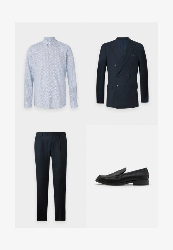 Kaksirivinen tummansininen bleiseri, joka on valmistettu teksturoidusta kankaasta. Siinä on kuusi mustaa nappia, kaksi etutaskua ja rintatasku, jossa on silkkinen taskuliina.; Valkoinen napitettava pitkähihainen paita vaaleansinisellä geometrisella kuviolla, valkoisilla napilla, teräväkauluksella ja rentoa istuvuutta korostavalla leikkauksella.; Mustat räätälöidyt housut, jotka on valmistettu sileästä kankaasta, ja joissa on slim fit -muotoilu, kaksi etupleippaa ja litteä vyötärö ilman näkyvää varustusta.; Mustat nahkaloafersit, joissa on sileä pinta, pyöreä kärki ja pieni koristeellinen läppä. Varustettu matalalla pinotulla korolla ja huomaamattomalla brändityksellä.