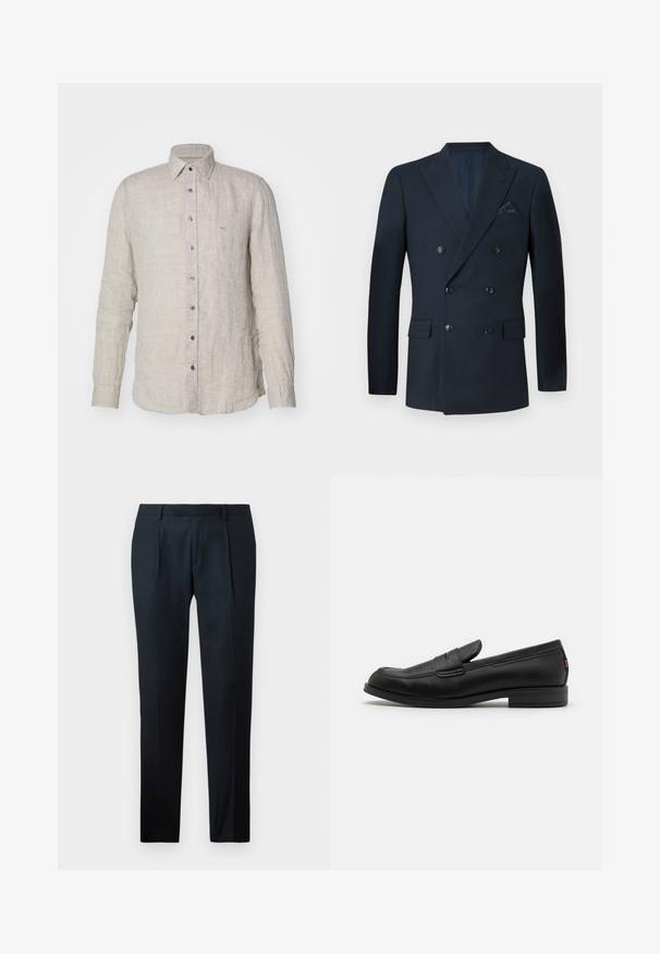 Dubbelzijdige marineblauwe blazer van textuurstof, voorzien van zes zwarte knopen, twee voorzakken en een borstzak met een zijden pochet.; Lichtbeige linnen overhemd met lange mouwen, een kraag met knopen en een knoopsluiting aan de voorkant. Voorzien van een klein geborduurd logo op de borst.; Zwarte geklede broek van gladde stof, met een slim fit ontwerp, twee plooien aan de voorkant en een vlakke tailleband zonder zichtbare beslag.; Zwarte leren instappers met een gladde afwerking, ronde neus en een kleine decoratieve flap. Heeft een lage gestapelde hak en een subtiel merkteken.