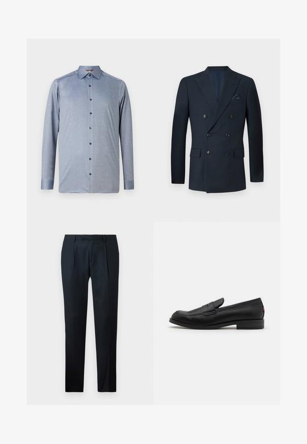 Dvojno zapenjanje mornarsko modre blazer jakne iz teksturirane tkanine, s šestimi črnimi gumbi, dvema sprednjima žepoma in žepom za dresi s svilenim robčkom.; Srajca z dolgimi rokavi in gumbnim zapenjanjem v svetlo modri barvi, izdelana iz teksturirane tkanine. Ima klasičen ovratnik in temno modre gumbe ob sprednjem delu.; Črne krojene hlače iz gladkega materiala, s slim fit obliko, dvema sprednjima naborkoma in ravnim pasom brez vidnih kovinskih delov.; Črne usnjene mokasine z gladko površino, zaobljenim nosom in majhnim okrasnim preklopom. Imajo nizek zložen peto in subtilen detajl blagovne znamke.