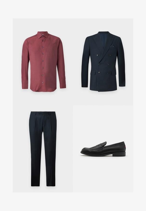 Topeltkavaga tumesinine bleiser, mis on valmistatud tekstureeritud kangast, millel on kuus musta nuppu, kaks eesmist taskut ja rinnaegu tasku siidise taskurätiku jaoks.; Burgundist kangast, pika käistega ja nööpidega särgil on tekstuuriga muster ja tume sinine nööpide värv; särgil on terav krae ja sirge äär.; Mustad kohandatud püksid, mis on valmistatud siledast kangast, esitavad kitsast lõiget, kahte esist pleeti ja lamedat vöökohta ilma nähtava riistvarata.; Mustad mustad nahast loaferid siledast viimistlusest, ümmargune nina ja väike dekoratiivne klapp. Omab madalat kokkupandud kontsa ja diskreetset brändingut.