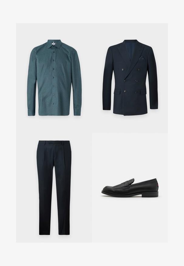 Blazer doppiopetto blu navy realizzato in tessuto testurizzato, con sei bottoni neri, due tasche frontali e una tasca sul petto con un fazzoletto in seta.; Camicia abbottonata color verde scuro in un tessuto testurizzato, con colletto classico, maniche lunghe e dettagli a fantasia con bottoni neri.; Pantaloni neri su misura realizzati in tessuto liscio, con un design slim fit, due pince frontali e una cintura piatta senza hardware visibile.; Mocassini in pelle nera con finitura liscia, punta arrotondata e una piccola pattina decorativa. Presentano un tacco basso e impilato e un sottile dettaglio di branding.