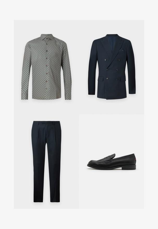 Blazer bleu marine croisé en tissu texturé, doté de six boutons noirs, de deux poches avant et d'une poche poitrine avec un mouchoir en soie.; Chemise à manches longues en tissu vert ornée d'un motif floral répété. Le col est boutonné, avec des boutons bruns sur le devant.; Pantalon noir sur mesure en tissu lisse, présentant un design slim fit, deux plis avant et une taille plate sans matériel visible.; Mocassins en cuir noir avec une finition lisse, un bout arrondi et une petite flèche décorative. Dotés d'un petit talon empilé et d'un détail de marque subtil.