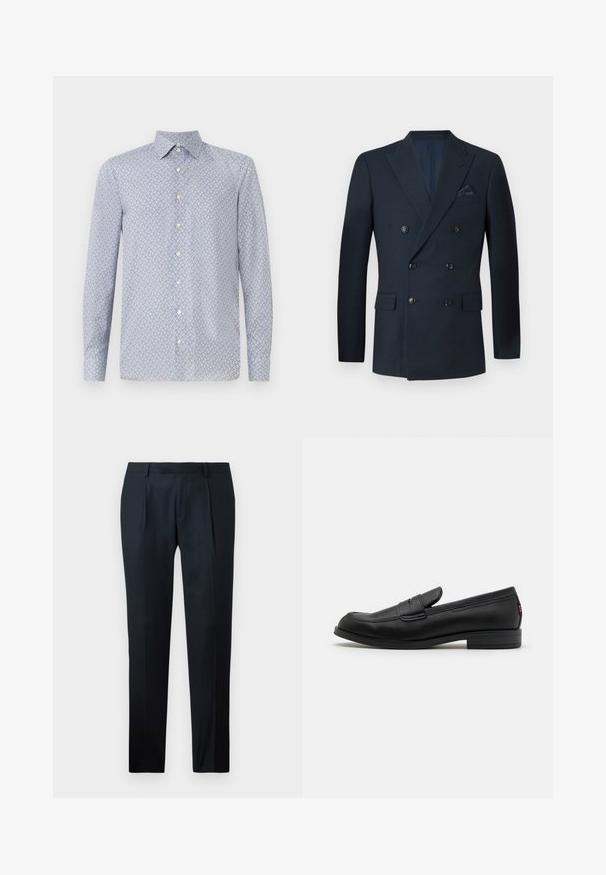 Dubbelzijdige marineblauwe blazer van textuurstof, voorzien van zes zwarte knopen, twee voorzakken en een borstzak met een zijden pochet.; Lichtblauwe overhemden met een geometrisch patroon in rood en marineblauw. Heeft een puntkraag en lange mouwen. Gemaakt van een soepele stof.; Zwarte geklede broek van gladde stof, met een slim fit ontwerp, twee plooien aan de voorkant en een vlakke tailleband zonder zichtbare beslag.; Zwarte leren instappers met een gladde afwerking, ronde neus en een kleine decoratieve flap. Heeft een lage gestapelde hak en een subtiel merkteken.