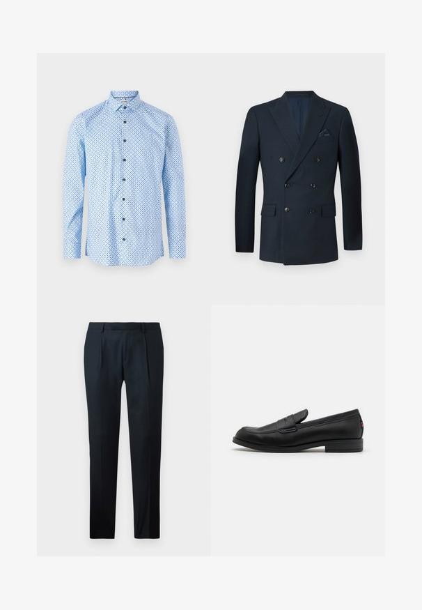 Divkāršā jūras zilā žakete, kas izgatavota no strukturētas auduma, ar sešiem melniem pogām, divām priekšējām kabatām un krūšu kabatu ar zīda kabatas lakatiņu.; Gai zila pogu krekla ar mazu tumši zilu punktu rakstu, garām piedurknēm un klasisku apkakli. Iekļauj melnas pogas.; Melnas uzvalka bikses, kas izgatavotas no gludas auduma, ar pieguļošu dizainu, diviem priekšējiem krokām un plakanu jostasvietu bez redzamām detaļām.; Melnas ādas loafers ar gludu apdari, noapaļotu purngalu un mazu dekoratīvu flap. Ietver zemu kraujošu papēdi un smalku zīmola detalizāciju.