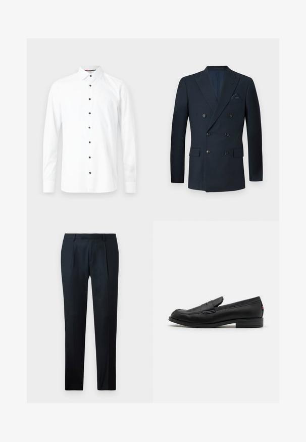 Tamsiai mėlynas dvigubo užsegimo švarkas, pagamintas iš tekstūruoto audinio, su šešiais juodais mygtukais, dviem priekinėmis kišenėmis ir krūtinės kišene su šilko nosinaitę.; Balta ilga rankovė marškiniai su sagų apykakle, puošti juodomis sagomis ir lygiu paviršiumi. Jokių raštų ar grafikų nematyti.; Juodi pritaikyti kelniai, pagaminti iš lygaus Audinio, su lieknu siluetu, dviem priekiniais klostėmis ir plokščiu liemeniu be matomų detalių.; Juodos odinės loafers' tipo bateliai su lygia apdaila, apvalia nosimi ir maža dekoratyvine kišenėle. Turi žemą sukrauto kulno ir subtilų prekės ženklo detalę.