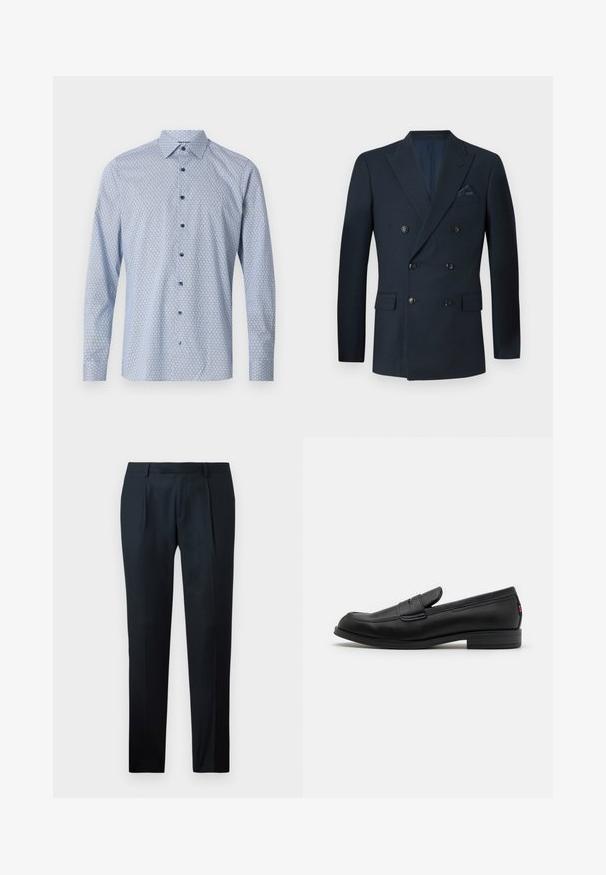 Dobbeltspent marineblå blazer laget av teksturert stoff, med seks svarte knapper, to frontlommer og en brystlomme med et silkeslips.; Lyseblå langermet skjorte med geometrisk mønster, knapp-ned krage og kontrasterende blå knapper over et teksturert stoff.; Sorte skreddersydde bukser laget av glatt stoff, med en slim fit-design, to frontfolder og en flat midje uten synlig maskinvare.; Sorte lærlofter med en glat overflade, rund tå og en lille dekorativ flap. Har en lav stablet hæl og diskret brandingdetalje.