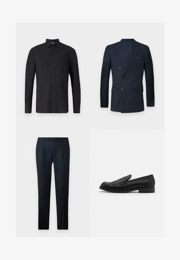 Podwójnie zapięta marynarka w kolorze granatowym, wykonana z teksturowanej tkaniny, z sześcioma czarnymi guzikami, dwiema przednimi kieszeniami oraz kieszonką na piersi z jedwabną chusteczką.; Czarna koszula z długim rękawem wykonana z gładkiego materiału. Posiada klasyczny kołnierzyk, zapięcie na guziki z przodu, regulowane mankiety oraz dopasowany krój.; Czarne spodnie o dopasowanym kroju, wykonane z gładkiego materiału, z wąskim fasonem, dwoma fałdami z przodu i płaskim pasem bez widocznych elementów hardware.; Czarne skórzane loafersy o gładkim wykończeniu, zaokrąglonym czubku i małym dekoracyjnym klapku. Posiadają niską, warstwową podeszwę oraz subtelny detal z brandingiem.