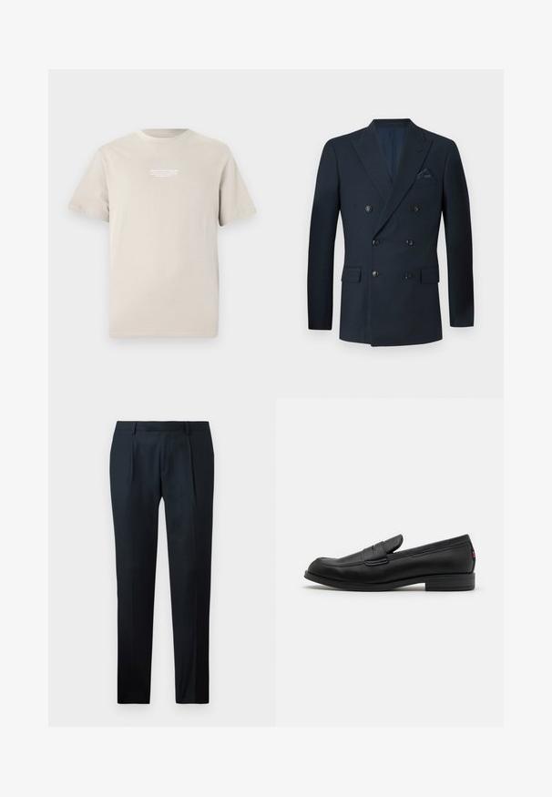 Blazer doppiopetto blu navy realizzato in tessuto testurizzato, con sei bottoni neri, due tasche frontali e una tasca sul petto con un fazzoletto in seta.; T-shirt in cotone beige con maniche corte, collo rotondo e un piccolo logo bianco stampato sulla parte superiore del petto.; Pantaloni neri su misura realizzati in tessuto liscio, con un design slim fit, due pince frontali e una cintura piatta senza hardware visibile.; Mocassini in pelle nera con finitura liscia, punta arrotondata e una piccola pattina decorativa. Presentano un tacco basso e impilato e un sottile dettaglio di branding.