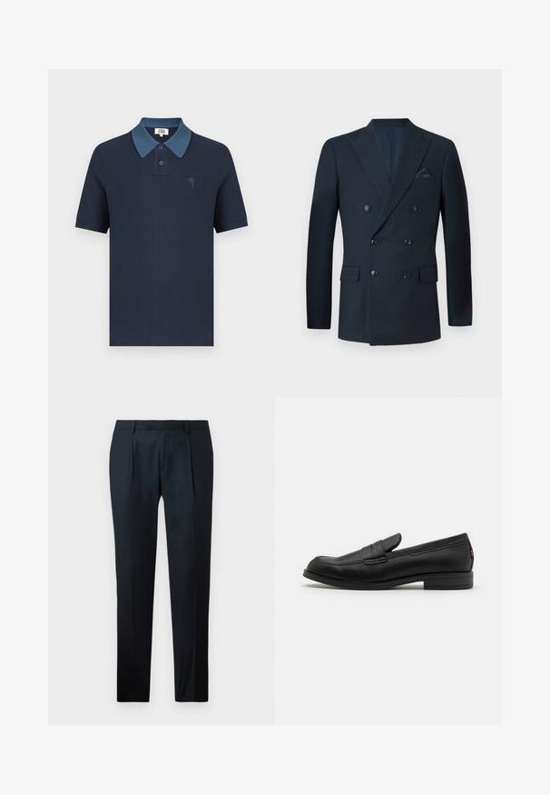 Kaksirivinen tummansininen bleiseri, joka on valmistettu teksturoidusta kankaasta. Siinä on kuusi mustaa nappia, kaksi etutaskua ja rintatasku, jossa on silkkinen taskuliina.; Laivastonsininen poolopaita, jossa on kontrastivärinen sininen kaulus, lyhyet hihat, teksturoitu kangas ja pieni kirjailtu sydänrintakuvio.; Mustat räätälöidyt housut, jotka on valmistettu sileästä kankaasta, ja joissa on slim fit -muotoilu, kaksi etupleippaa ja litteä vyötärö ilman näkyvää varustusta.; Mustat nahkaloafersit, joissa on sileä pinta, pyöreä kärki ja pieni koristeellinen läppä. Varustettu matalalla pinotulla korolla ja huomaamattomalla brändityksellä.