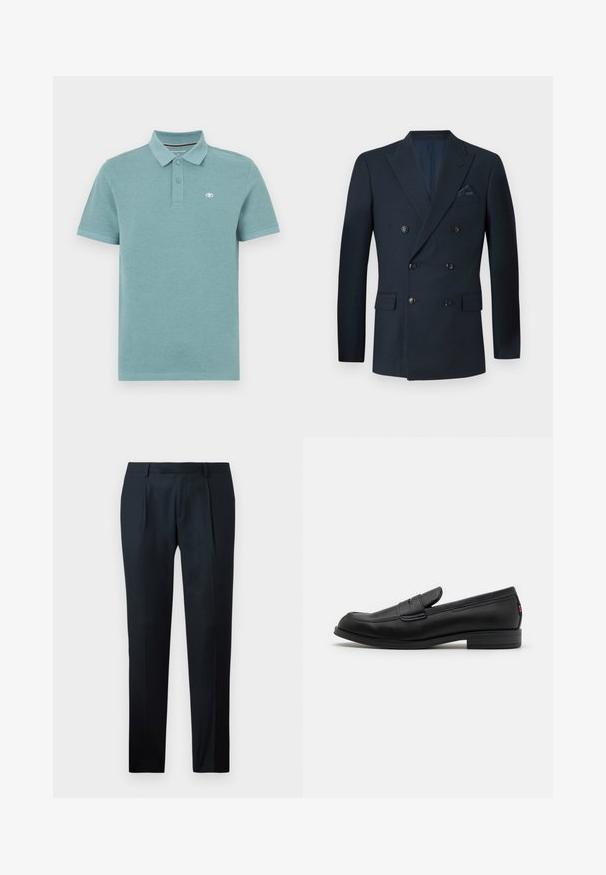 Topeltkavaga tumesinine bleiser, mis on valmistatud tekstureeritud kangast, millel on kuus musta nuppu, kaks eesmist taskut ja rinnaegu tasku siidise taskurätiku jaoks.; Helesin teal värvi polo särk, lühikeste varrukatega, polo krae kahe nööbiga, vasakul rinnal väikese logoga, sile puuvillane kangas.; Mustad kohandatud püksid, mis on valmistatud siledast kangast, esitavad kitsast lõiget, kahte esist pleeti ja lamedat vöökohta ilma nähtava riistvarata.; Mustad mustad nahast loaferid siledast viimistlusest, ümmargune nina ja väike dekoratiivne klapp. Omab madalat kokkupandud kontsa ja diskreetset brändingut.