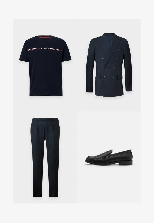 Kaksirivinen tummansininen bleiseri, joka on valmistettu teksturoidusta kankaasta. Siinä on kuusi mustaa nappia, kaksi etutaskua ja rintatasku, jossa on silkkinen taskuliina.; Tummansininen puuvillainen t-paita lyhyillä hihoilla, pyöreällä kaula-aukolla, jossa on valkoinen ja punainen vaakasuuntainen raidoitus sekä "TOM TAILOR" -logo.; Mustat räätälöidyt housut, jotka on valmistettu sileästä kankaasta, ja joissa on slim fit -muotoilu, kaksi etupleippaa ja litteä vyötärö ilman näkyvää varustusta.; Mustat nahkaloafersit, joissa on sileä pinta, pyöreä kärki ja pieni koristeellinen läppä. Varustettu matalalla pinotulla korolla ja huomaamattomalla brändityksellä.
