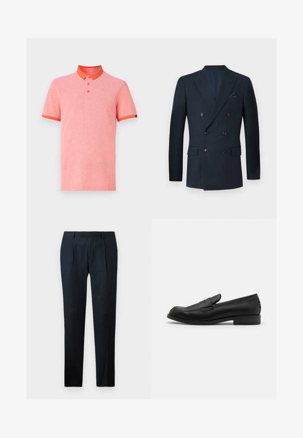 Dvojřadý navy blazer vyrobený z texturované tkaniny, který má šest černých knoflíků, dvě přední kapsy a náprsní kapsu se hedvábným kapesníčkem.; Polo tričko s krátkým rukávem v světle růžové barvě s oranžovým límečkem a manžetami, s tříknoflíkovým zapínáním a kontrastními bílými detaily.; Tmavě modrá košile s dlouhým rukávem a knoflíky vyrobená z hladké tkaniny. Má standardní límeček, přední légou s odpovídajícími knoflíky a manžetami na rukávech.; Černé kalhoty na míru vyrobené z hladké tkaniny, s úzkým střihem, dvěma předními záhyby a plochým pasem bez viditelného kování.; Černé kožené mokasíny s hladkým povrchem, kulatou špičkou a malým dekorativním klopou. Mají nízký stočený podpatek a decentní branding.