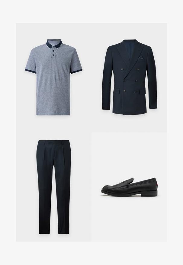 Kaksirivinen tummansininen bleiseri, joka on valmistettu teksturoidusta kankaasta. Siinä on kuusi mustaa nappia, kaksi etutaskua ja rintatasku, jossa on silkkinen taskuliina.; Harmaa lyhythihainen polo-paita, jossa on tummansininen kaulus ja hihojen resorit. Sisältää kolme mustaa nappia ja hienovaraisen heather-rakenteen.; Mustat räätälöidyt housut, jotka on valmistettu sileästä kankaasta, ja joissa on slim fit -muotoilu, kaksi etupleippaa ja litteä vyötärö ilman näkyvää varustusta.; Mustat nahkaloafersit, joissa on sileä pinta, pyöreä kärki ja pieni koristeellinen läppä. Varustettu matalalla pinotulla korolla ja huomaamattomalla brändityksellä.